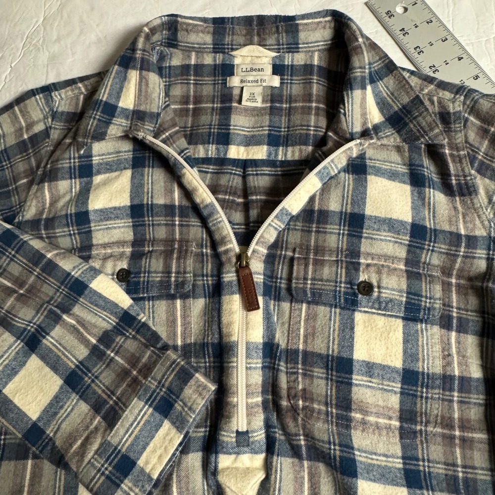 LL Bean Relaxed Fit Flannel Shirt Womens 1X Blue Plaid Quarter Zip 518614